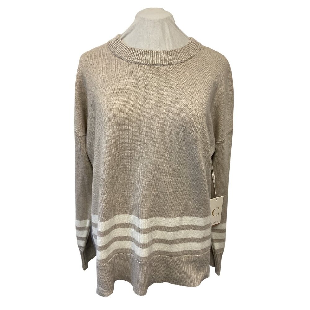 Cyrus Womens XL Beige Pullover Sweater With White Stripes Rayon & Nylon Blend MS